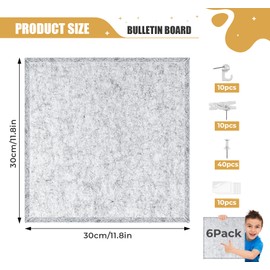 KARBRING Cork Board for Walls Alternative 36" x 24", 6 Pack Bulletin Boards 30x30cm, Heavy Duty Felt Pin Board with 60 Push Pins of Nails Hooks Clips, Corkboard for Home Office Wall Decor, Grey