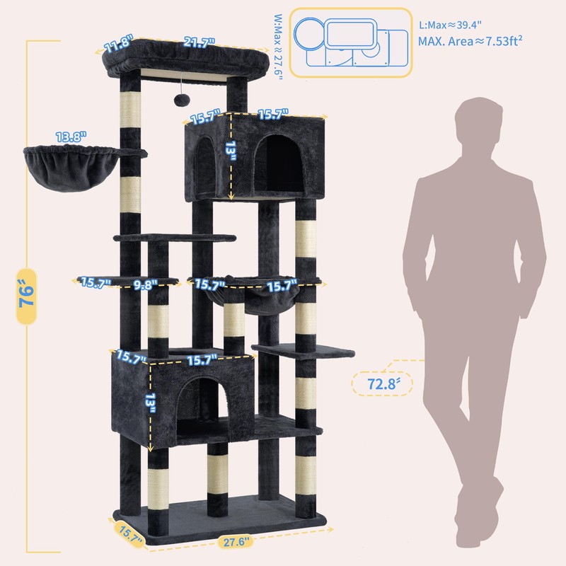 Heybly Cat Tree, 76-Inch Tall Heavy Duty Cat Tower for