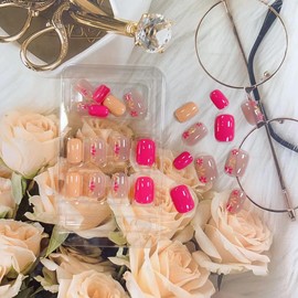 Short Press on Nails Square Fake Nails Pink Yellow Flowers Glue on Nails Summer Nail Art Decorations Glossy Full Cover Acrylic False Nails Short Square Stick on Nails for Women 24Pcs