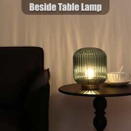WESJO Battery Operated Lamp, Small Table Lamp with LED Bulb, Battery Powered Lamp Cordless Decorative Glass Beside Lamp for Bedroom Living Room Hallway Green