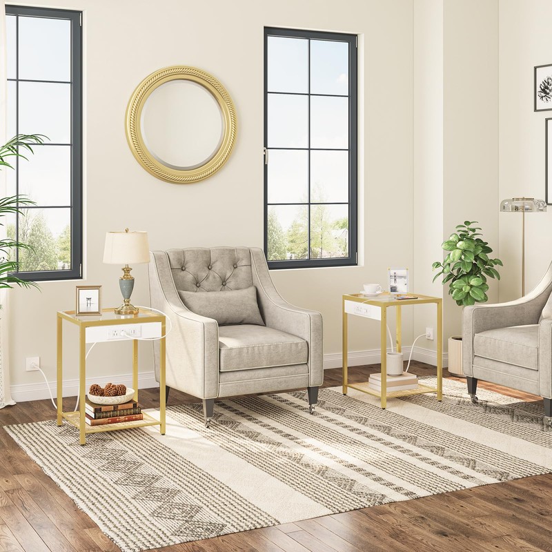HOOBRO Side Table with Charging Station, End Table with USB