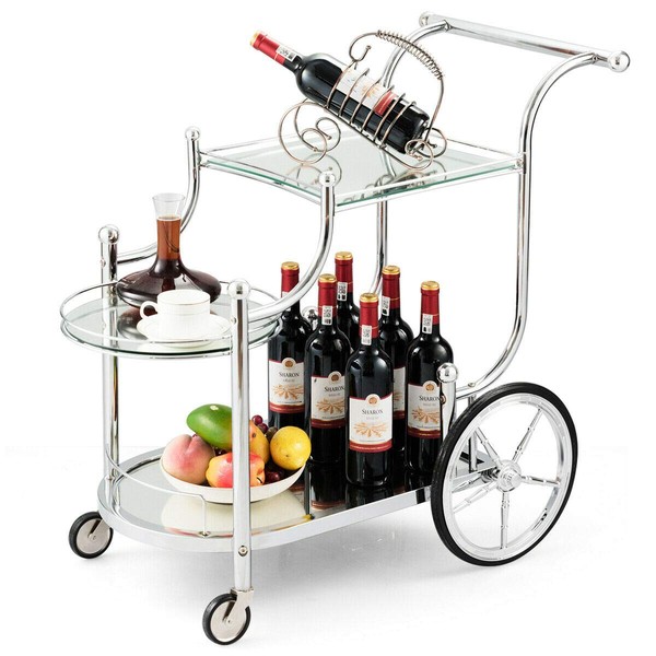 Tangkula Rolling Bar Cart, Metal Serving Cart with Tempered Glass, 3-Tier Glass Bar and Serving Cart, Tea Serving Bar Cart with 4 Wheels, Suitable for Restaurant, Hotel, Home (Silver)