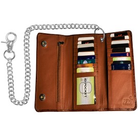 IBRO Motorcycle Chain Wallet for Men – 100% Natural Genuine Leather, Long Trifold RFID Blocking, Credit Card Money Organizer - Men’s Trucker Biker Metal Chain Wallets Ostrich Brown