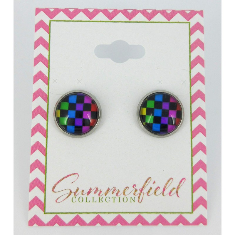 Summerfield Collection Stainless Steel Checkerboard Print Glass Stud Earrings 12mm