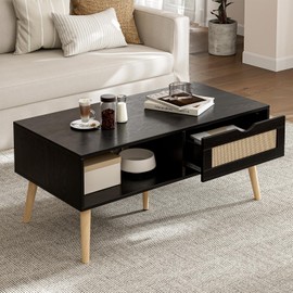 ZttRiee Coffee Table with Storage, Boho Dining Table with Rattan Drawer and Solid Wood Legs, Small Coffee Tables for Living Room, Black