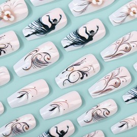 White Press on Nails Flowing Gold Flower Fake Nails Medium Ballet False Nails Glossy Glue Full Cover Stick French Tip Acrylic Nails Reusable Artificial Nail Kit for Women Girls