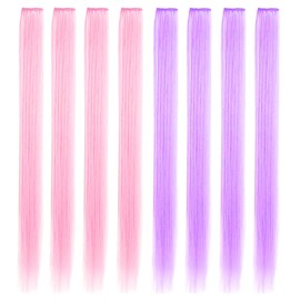 MOSCSMDY Set of 10 21 Inch Light Pink & Light Purple Coloured Hair Extensions for Girls Clip in Wig Pieces for Teens Colourful Hair Pieces Party Highlights Heat Resistant Synthetic Straight Multiple