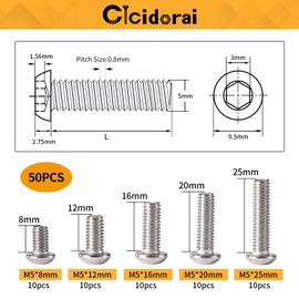 Cicidorai M5 x 8mm 12mm 16mm 20mm 25mm Button Head Socket Cap Screws Bolts, Stainless Steel 304, Metric Allen Hex Drive, Fully Threaded, Bright Finish, 50PCS