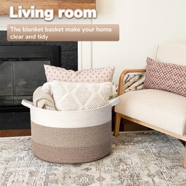 Goodpick Large Laundry Basket, Woven Basket for Blanket Storage, Dirty Clothes Basket for Living Room, Nursery, Bedroom, Rope Storage Basket for Pillows, Toys, 21.7'' x 13.8'', Light & Brown