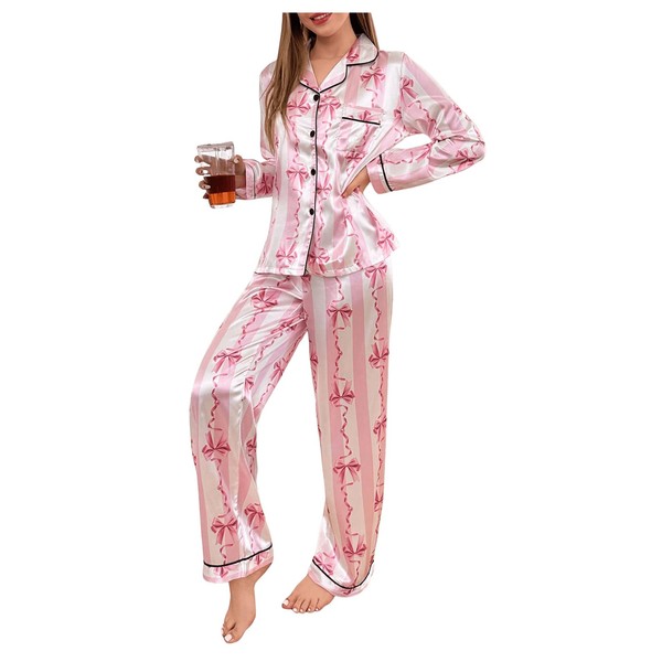 WDIRARA Women's 2 Piece Bowknot Print Satin Pajama Set Long