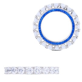 Sterling Silver Rhodium 4mm Round White Cubic Zirconia & Tappered Baguette Blue Spinel Wheel Eternity Band