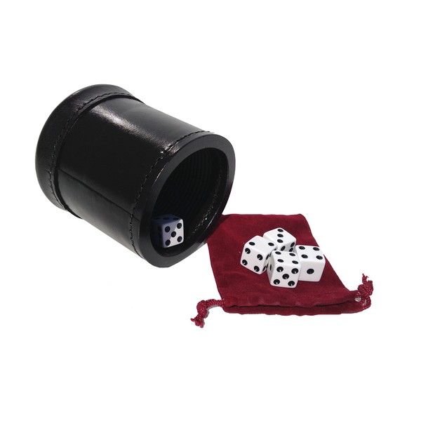 Alex Cramer Golden Gate Dice Cup Set - 5 White Dice, Drawstring Pouch & Book of Dice Games (Liar’s Dice) Included - Leather Dice Cup - Noiseless Liner for Quiet Shaking - Deep Mahogany-Colored Buffed Finish