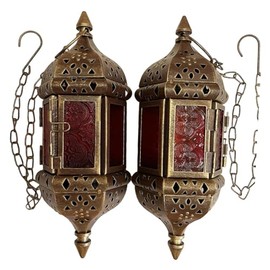 2PCS Moroccan Decorative Candle Lantern Metal Hanging Tealight Candlestick Holder Glass Indoor Outdoor LED Flameless Candle Holder 13.8 inches Chain (Vintage Bronze Gold)