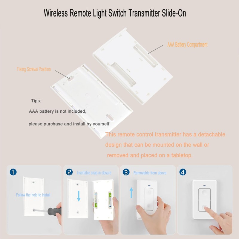 Wireless Light Switch and Receiver Kit, 164Ft RF Range, No