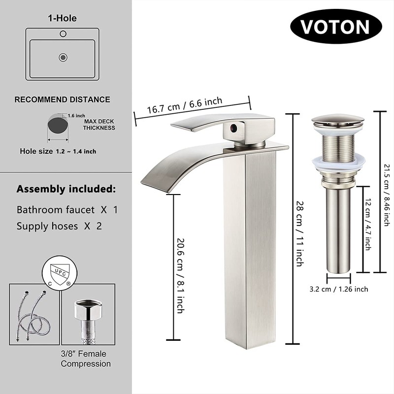 VOTON Vessel Sink Faucet Brushed Nickel Modern Tall Waterfall Bathroom