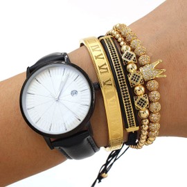 UNIQAL Stainless Steel Bracelet Set Gold-Plated "Royal King" Men's Bracelet 18 Carat Gold-Plated with Zirconia Free Gift Box Genuine Leather, Stainless Steel, Silver-Plated, Stainless Steel