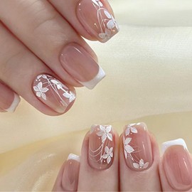 FEMBW Press on Nails Kurze, Quadratische Fingernägel zum Aufkleben, Squoval Nude Natürlich Kreative Blühende Blumen Fake Nägel, Full Cover Kunstnägel Fake Nails für Frauen