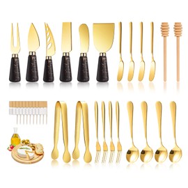 Marble Gold and Black Cheese Knife Set, Ceramic Handle Charcuterie Board Accessories Butter Spreader Cheese Slicer Knife With Serving Tongs, Spoons, Forks, Flags Cheese Markers, Wooden Honey Dipper