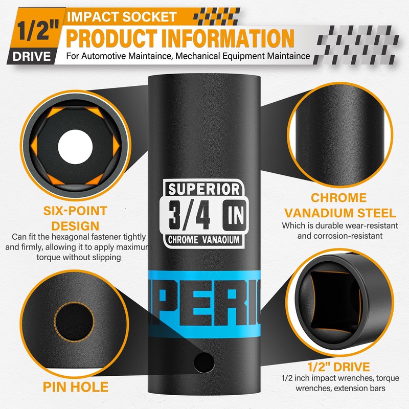Aiourx 1/2" Drive Impact Socket, 3/4 inch Deep Socket, SAE,
