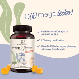 wowtamins Omega 3 for Children - Vegan & High Dose Gummies (Pack of 60) with EPA and DHA from Algae Oil - Dietary Supplement Easy and Delicious (Mango Flavour)