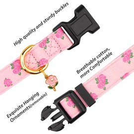 Cotton Handmade Dog Collar Cute and Distinctive Patterns Pink Rose with Pendant for Girl Boy Dogs Collars S