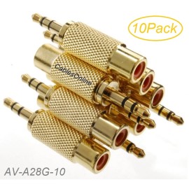 CablesOnline 10-Pack 3.5mm Stereo TRS Male Plug to RCA Female Jack Audio Adapters, AD-A28G-10