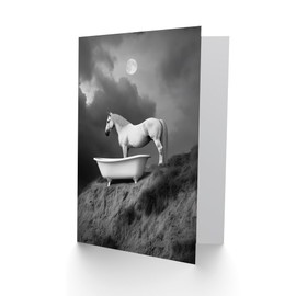 Artery8 Greeting Card Horse Bathtub Full Moon Cliff Surreal Black White Blank For Him Or Her Art Birthday Card