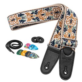 LEKATO Guitar Strap for Electric Bass Acoustic Guitar, Floral Jacquard Embroidery, 2″ Wide Guitar Straps Bass Strap, Padded Guitar Straps with Picks & Blocks - Color: Purple Flower White