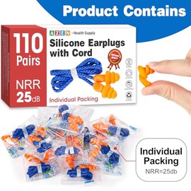 AZEN 110 pares de tapones para los oídos de silicona, tapones para los oídos reutilizables para reducción de ruido, tapones para los oídos con cable d