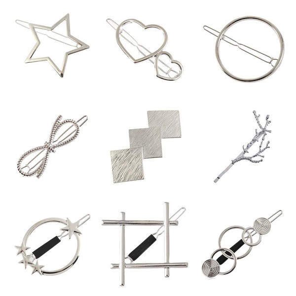 9 Pack Korean Silver Vintage Retro Geometric Minimalist Hair Clip Hairpins Snap Barrettes Comb Claw Clamp Bobby Pins Alligator Hairclips Wedding Party Hair Styling Ornaments Accessories for Women Girl