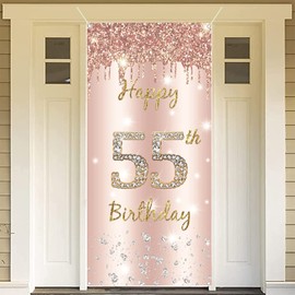 55th Birthday Women Decoration, Happy 55th Birthday Door Banner Rose Gold, 55th Birthday Fabric Sign Poster Door Decoration, 55th Birthday Background Banner Woman, Birthday Party Welcome Sign