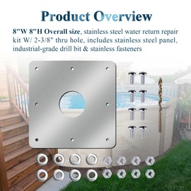 8"W 8"H Overall Size, Stainless Steel Water Return Repair Kit W/Fasteners & Drill Bits & 2-3/8" Thru Hole, Pool Wall Repair Panel, for Repairing Rusted Water Return Fittings on Above Ground Pool Walls