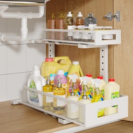 Biboraya 1 Pack 17IN Depth Under Sink Storage Organizer, Large 2-Tier Elegant Mesh Pull Out Shelf for Kitchen and Bathroom Cabinet Organization, L-Shaped and Adjustable Height Design-White