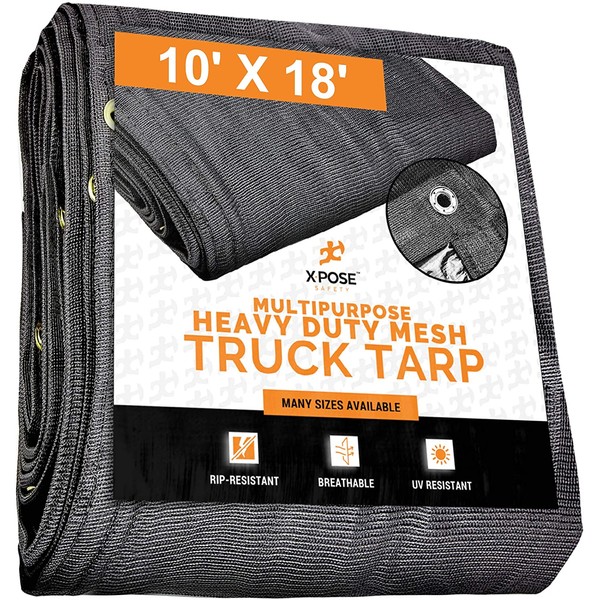 Xpose Safety Heavy Duty Mesh Tarp – 10’ x 18’ Multipurpose Black Protective Cover with Air Flow - Use for Tie Downs, Shade, Fences, Canopies, Dump Trucks – Tear Resistant