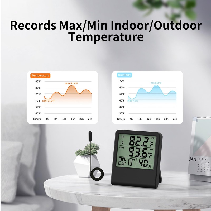 4-in-1 Thermometer Hygrometer with Alarm Clock, Large LCD, 1.5 m