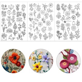 Giantree 3 Sheets of Water Soluble Embroidery Stabilizers, A4 Water Soluble Stabilizer for Embroidery Patterns, Adhesive Embroidery Transfer Paper, with Flower Patterns for Hand Sewing (Flower A)