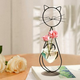 Desktop Glass Planter Vase Holder, Creative Metal Stand Cat Plant Terrarium for Hydroponics Plants Home Garden Wedding Decoration Outdoor Planter Ideas (Black cat-11.2inch)