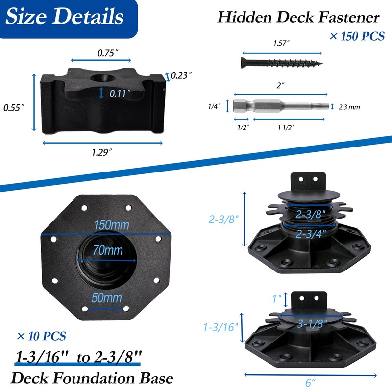 Adjustable Deck Support with Hidden Deck Fasteners, 10 PCS Pedestal