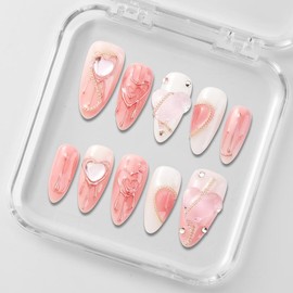 Zfans Almond Shape DreamWear Collection - 100% Handcrafted 3D Press-On Nails | Reusable, Long-Lasting, Salon-Quality Mint Bloom Eco-Friendly Nail Art Set:_Honey Girl_l