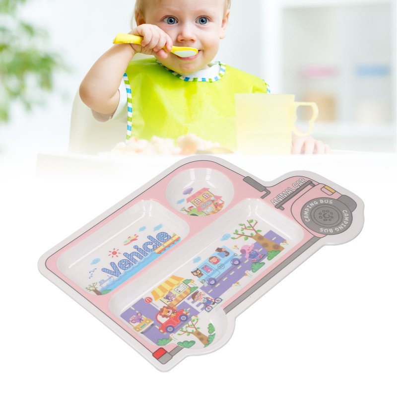 Kids Dinner Plate with Spoon Bamboo Fiber Divided Plates Cartoon