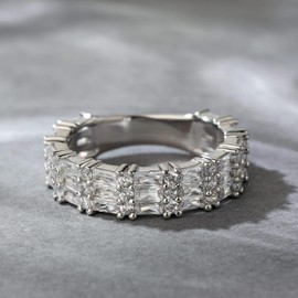Jeulia Sterling Silver Ring Band: Baguette Cut Cubic Zirconia Engagement Ring with White Diamond Women's Stone Jewellery for Women, Sterling Silver
