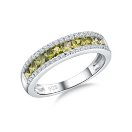 RANDES Peridot Rings for Women Eternity Band 925 Sterling Silver Channel Set Princess Cut Wedding Band August Birthstone Ring Size 6