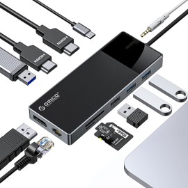 USB C Laptop Docking Station, ORICO 12 in 1 Triple Display Multiport Adapter with PD 100W，Dual HDMI, 4K@60Hz DP,USB-A3.1×2，USB-A2.0×2，RJ45，SD/TF×1, Audio×1 Compatible for Dell/Surface/Lenovo Laptops