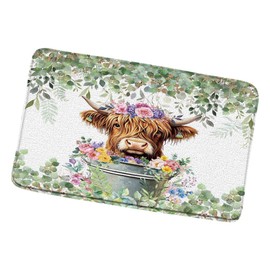 Spring Highland Cow Bath Mats Green Eucalyptus Leaves Western Farmhouse Floral Cute Bull Rustic Funny Calf Country Cattle Animal Flower Bathroom Rugs Bedroom Kitchen Toilet Floor Decor 17.8x29.5 in