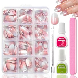 Pack of 240 False Nails Set - Pink Colour Gradient White Nails for Sticking - Glitter Cat Eye Press on Nails - Full Cover Oval Artificial Nails Short for Women and Girls Nail Art
