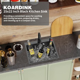 Black Kitchen And Bar Sink, 25x22 Inch Stainless Steel Drop In Kitchen Sink Modern Single Bowl Topmount Bar Sink Combo-Silicon Mat,Drain Strainer Set Compatibility With Various Kitchen & Bar Style