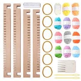 WIYETY Wooden Loom Set, Large 28 x 25 cm Loom for Children, Square Wooden Loom with Frame, 12 Colours Wool Yarn, Needle, Weaving Comb and English Manual, Loom for Beginners