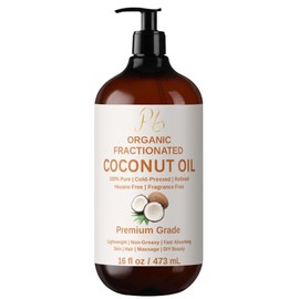 Pomberries Organic Fractionated Coconut Oil C 100% Pure MCT Oil in Glass Bottle with Pump C Lightweight, Non-Greasy Carrier Oil for Face, Hair, Body & Massage C Unscented, Hexane-Free C 16 fl oz