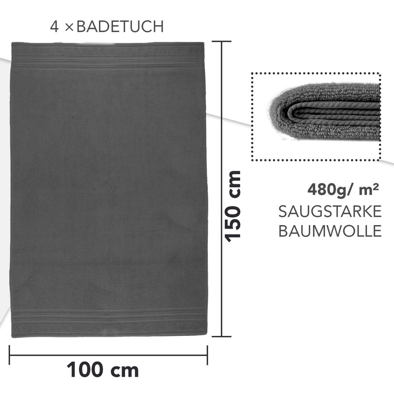 La Vida Premium Bath Towel Set 4-Piece Anthracite, 100% Terry