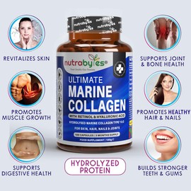 Marine Collagen Capsules with Hyaluronic Acid and Vitamin C 1200mg | 180 Capsules - 3 Months Supply | Hydrolysed Marine Collagen Supplement for Women and Men | Hair Skin Nails Joints | Made in UK